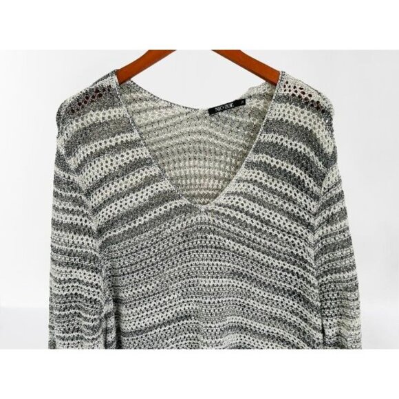 NIC + ZOE Open Knit Sweater V-Neck Tunic Gray White Oversized Sweater Size 2X - Picture 2 of 8
